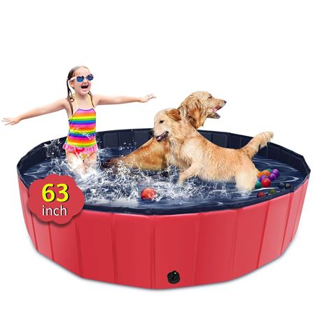 CACSPS Foldable Dog Pool, 63" x 12" Kiddie Pool with Hard Plastic, Non-Slip Dog