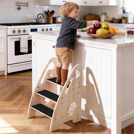 Toddler Step Stool, Wooden Height-Adjustable 3-Step Stool for Kids, Potty