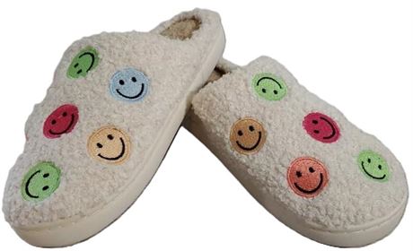 Sherpa Slippers Multicolor Smiley Face, Soft, Warm, Cozy Slip-on, Indoor