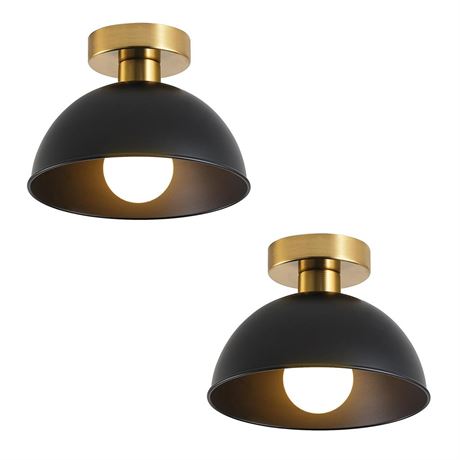 2 Pack Semi Flush Mount Ceiling Light with Gold Plate and Matte Black Shade,