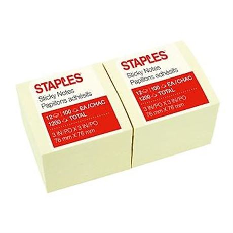 Staples Stickies Standard Notes  3 X 3  100 Sheets/Pad  12 Pads/Pack
