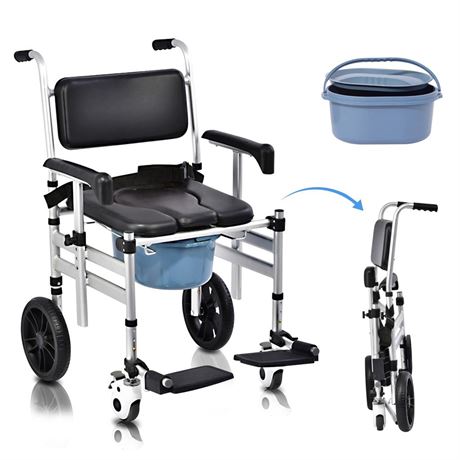 Shower Chair with Wheels 4 in 1 Folding Padded Bedside Commode Wheelchair