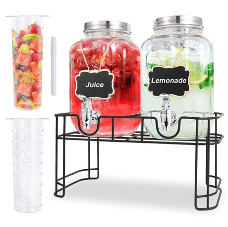 1 Gallon Glass Drink Dispensers For Parties-Set of 2,Drink Dispenser with Fruit