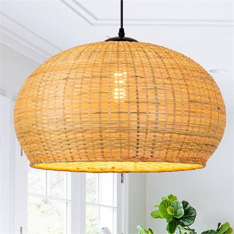 D19.69in Rattan Pendant Light Fixture for Kitchen Island, Boho Hanging Light