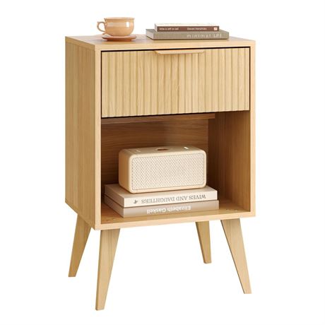 YAUKOMEL Fluted Night Stand with Opening Storage,Mid Century Bedside Table with