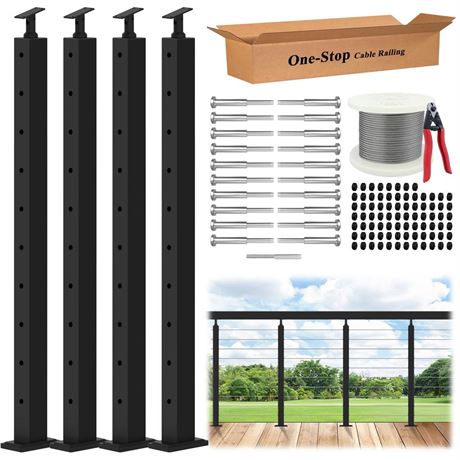 One-Stop Cable Railing Post Kit, 4Pack Level Drilled Line Post 36", Adjustable