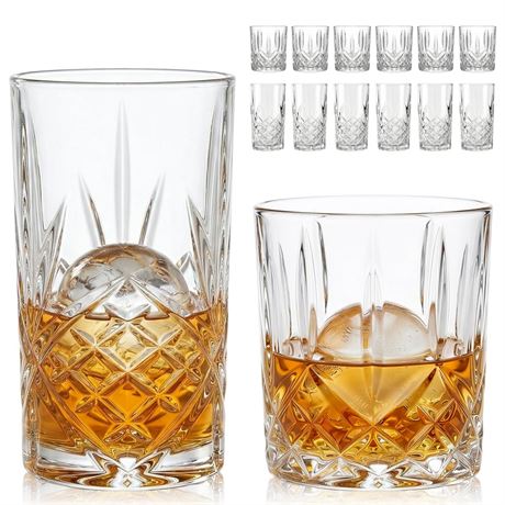 Moretoes Crystal Whisky Drinking Glasses Set of 12, Glass Cups, Mixed Glassware