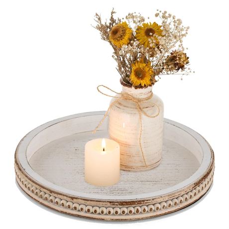 Farmhouse Wood Tray Candle Holder - Romadedi Bead Round Wooden Decorative Tray