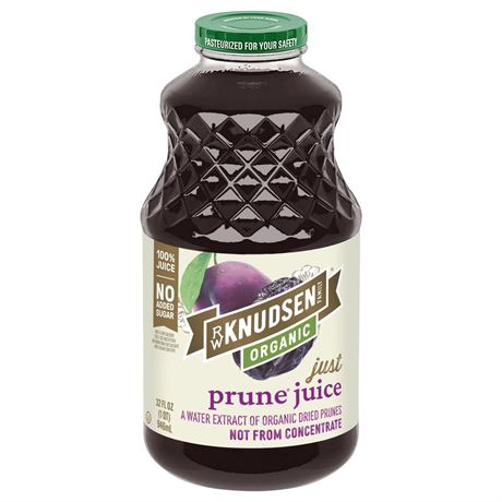 R.W. Knudsen Family Organic Just Prune Juice, 100% Juice, 32 oz, Glass Bottle,