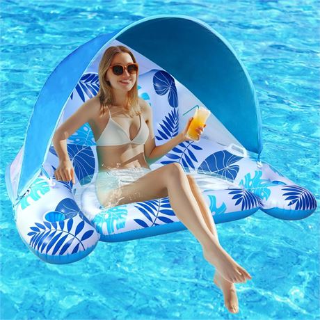 Pool Floats Adult, Pool Float with Adjustable Canopy, Cup Holders, Headrest,