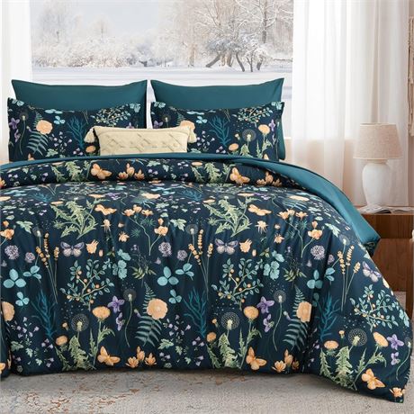Yiran King Size Comforter Set 7 Pieces, Peacock Blue Botanical Floral Comforter