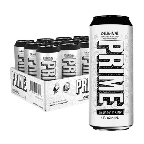 Prime Sugar Free Energy Drink, Original, 16 fl oz, 12 Pack, Cans, 200mg Caffeine
