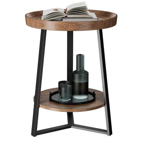 Gadroad Round End Table with Storage Shelf, 2 Tier Farmhouse Side Table