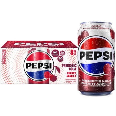 Pepsi Prebiotic Cola Soda Pop, Cherry Vanilla, 12 fl oz, 8 pack cans