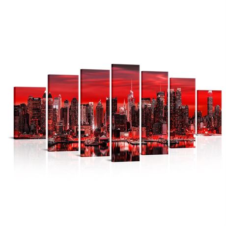 LevvArts Huge 7 Pieces New York City Canvas Wall Art Manhattan Skyline Night