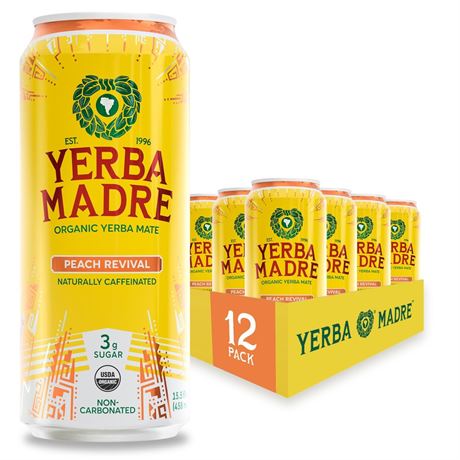 Yerba Madre Organic Yerba Mate, Low Sugar Peach Revival, 150mg Natural