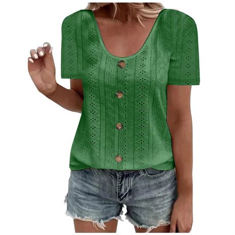 Breathable Eyelet Shirts for Women Casual Scoop Neck Short Sleeve Tops Summer