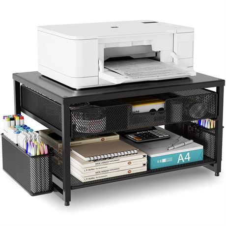 Metal Desktop Printer Stand with Storage Drawer & 2 Pen Holders,2 Tier Home