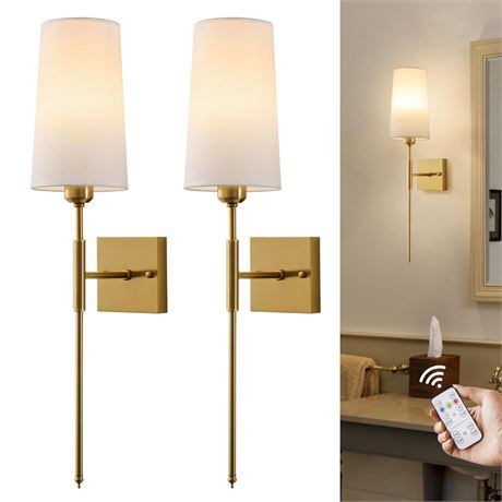 Gold Rechargeable Battery Operated Wall Sconces Set of 2 with Remote, Cordless