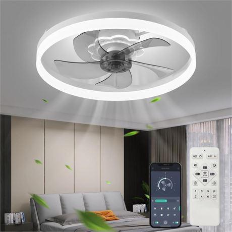 19.7'' Modern Ceiling Fan with Dimmable LED Light, Low Profile, Flush Mount