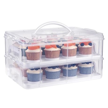 BTSKY 2 Tier Clear Plastic Cupcake Holder with Lid & Handles, Portable Cupcake