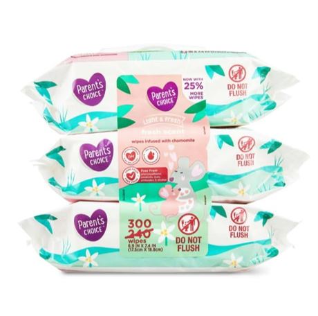 Parent's Choice Fresh Scent Baby Wipes, 300 Count 12 PACKS pink green white