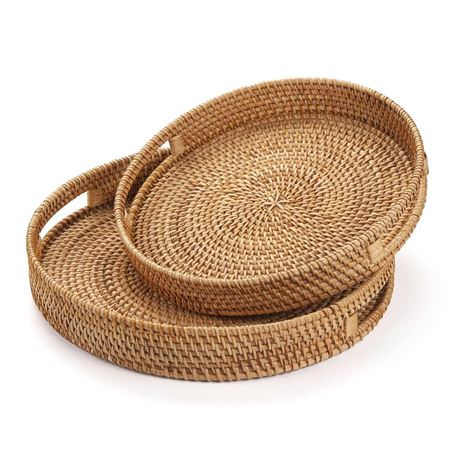 Rattan Round Serving Tray, Hand Woven Serving Basket with Cut - Out Handles,