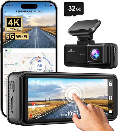 REDTIGER 4K Dash Cam Front, 5G Wi-Fi App Control, 3.18'' Touch Screen Dash