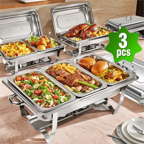 Chafing Dishes for Buffet ,AOKIWO 3 Packs 8QT Mirrored Stainless Steel Chafing