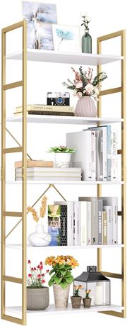 finetones 5 Tier Bookshelf, Industrial Gold Bookcase with Metal Frame, Modern