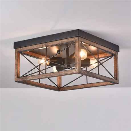 Aiwen 4-Light Rustic Wood Flush Mount Ceiling Light Metal Square Cage Farmhouse