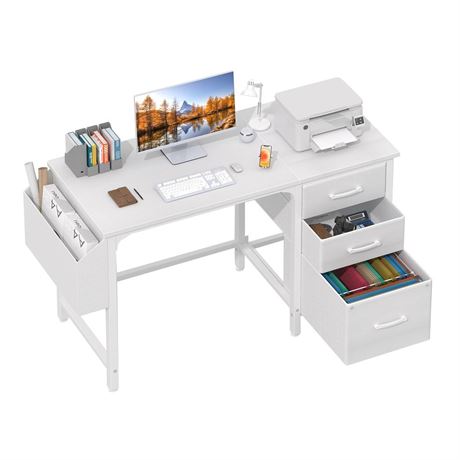 Lufeiya White Computer Desk with Fabric File Drawers Cabinet, 47 Inch Home