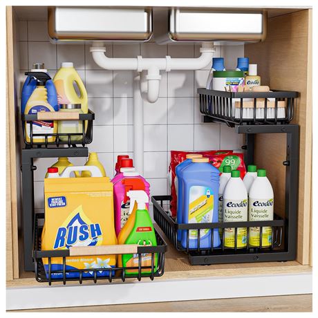 Under Sink Organizer,2 Pack Under Kitchen Sink Organizer,2 Tier Sliding-Out,5