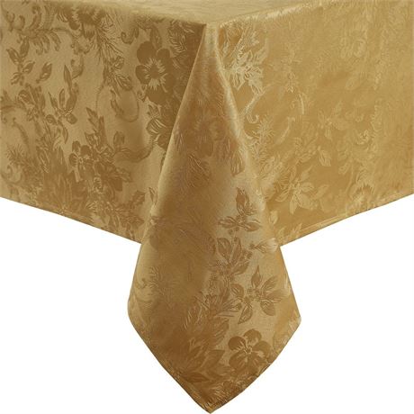 Elrene Home Fashions Poinsettia Elegance Jacquard Holiday Tablecloth, Gold, 60"