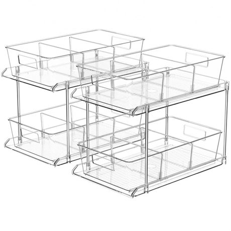 Pull-out Home Organizer, 2 Pack 2 Tier Clear Bathroom Organizer with Dividers,