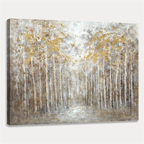 Yang Hong Yu Gold and Beige Abstract Birch Forest Painting Decor Wall Art Birch