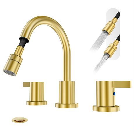 Phiestina Pull Down Sprayer Brushed Gold 8 Inch Bathroom Sink Faucet, 2 Handles