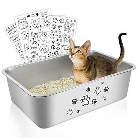 Stainless Steel Cat Litter Box DIY Pattern High Side Cats Toilet Metal Kitten