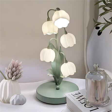 Green Flower Lamp for Home,Bedside Vintage Table Lamps,5 Lily of The Valley