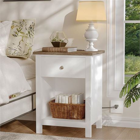 ChooChoo Farmhouse Nightstand with Charging Station, Wooden Top Bedside End