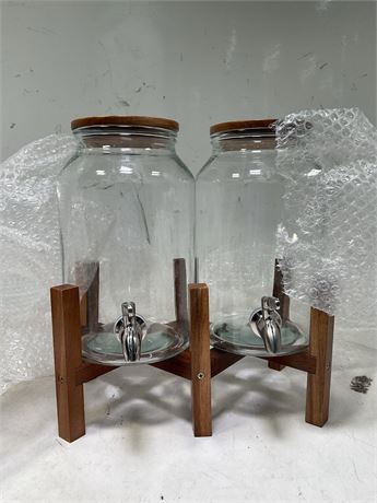2PCS Large Drink Dispensers for Parties,Glass Beverage Dispenser with Wood