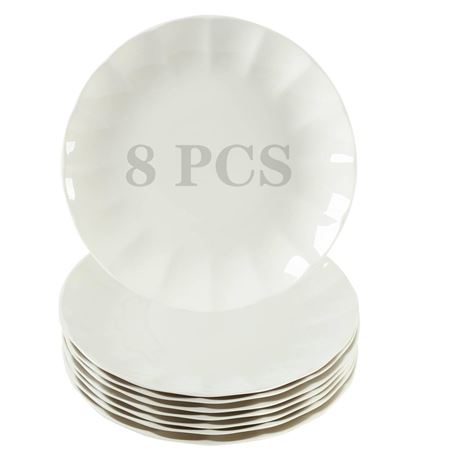 10.5 Inch Porcelain Large Dinner Plates Set of 8, White Round Petal Appetizer