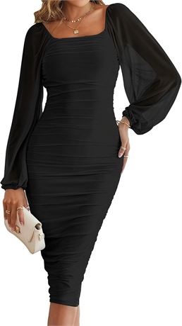 MEROKEETY Women's Long Puff Sleeve Ruched Bodycon Dress Square Neck Mesh