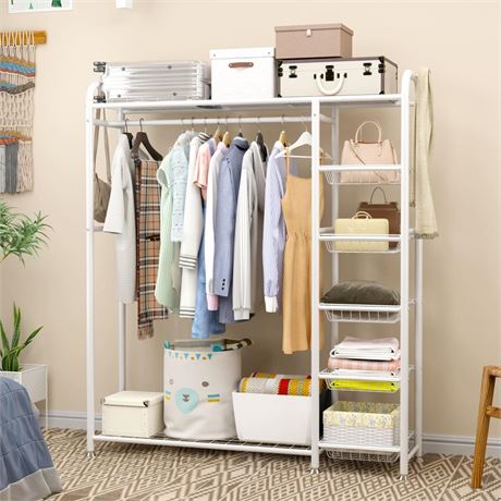 Wardrobe Closet, Metal Portable Clothing Rack with Hanging Rod and 5 Baskets,