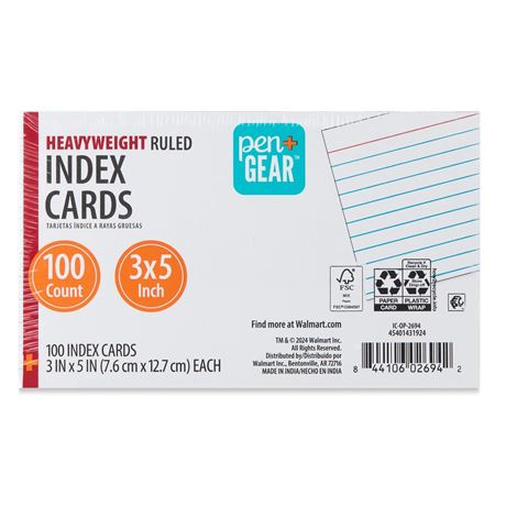 Pen+Gear Heavyweight Ruled Index Cards, White, 100 Count, 3" x 5"/10 packs of