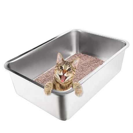 Stainless Steel Cat Litter Box With High Sides - Never Absorbs Odor, Stains or