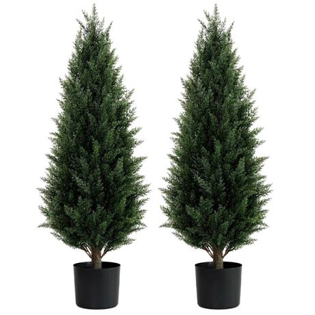 Two 3 Foot Artificial Topiary Cedar Trees Artificial Potted Shrubs UV Resistant