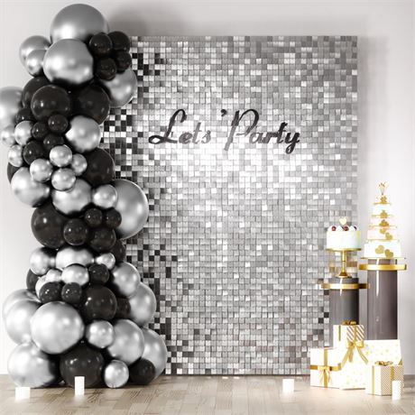 COKAOBE Silver Shimmer Wall Backdrop, 24PCS Square Sequin Shimmer Backdrop