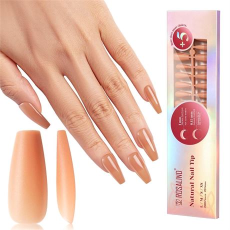 OFFSITE ROSALIND Deep Nude Coffin Nail Tips, 200 PCS Natural Brown Nude Medium