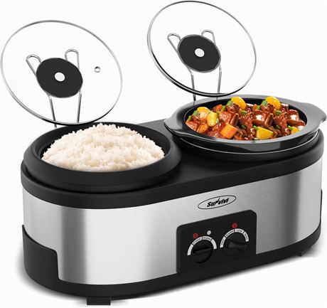 Sunvivi 2 in 1 Slow Cooker and Rice Cooker, Slow Cooker with 1.5 QT Ceramic Pot